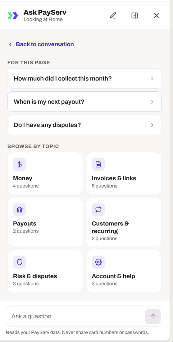 Ask PayServ topic browser with suggested questions for the current page